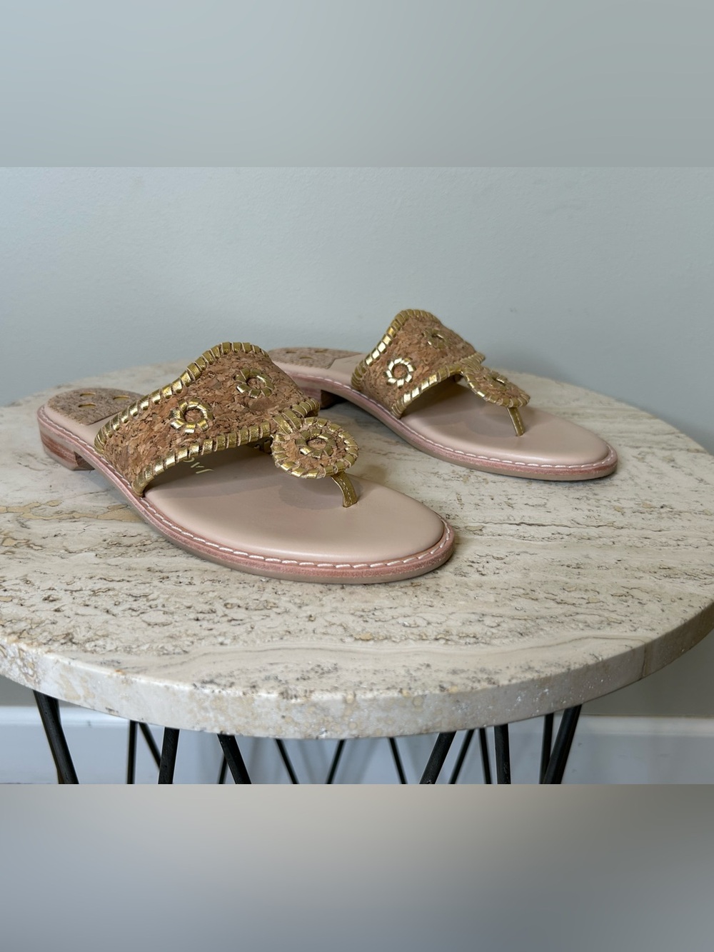 Jack Rogers  Jacks Cork and Leather Thong Sandals with Gold Trim Size 8M